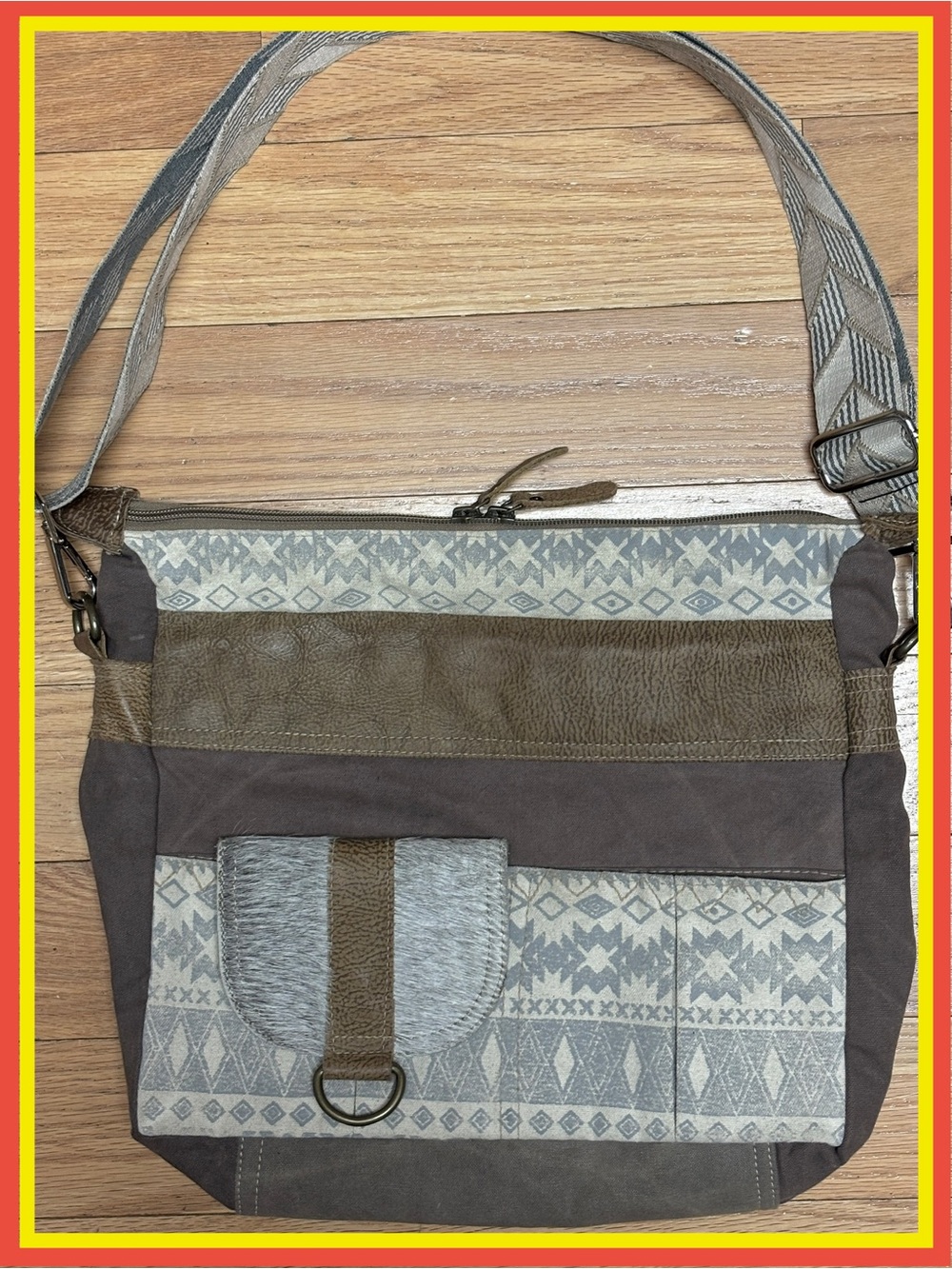 Myra Bag Hair-On Pocket Canvas Leather Tribal Southwest Messenger Lg Crossbody